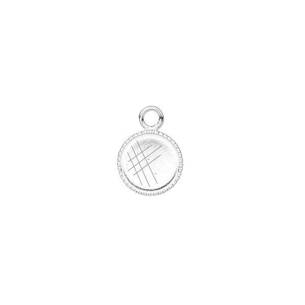 Drop, silver-plated brass, 9mm round with beaded edge and 8mm round bezel setting. Sold per pkg of 24. image number 0