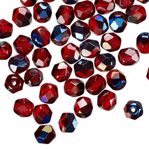 Bead 1pkg60 Czech fire-polished glass, red blue iris, 6mm faceted round.