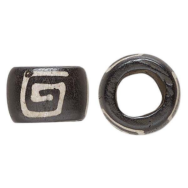 Bead, bone (dyed), black and white, 24x15mm-22x14mm hand-painted barrel with spiral design. Sold per pkg of 4. image number 0