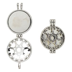 Pendant, silver-finished "pewter" (zinc-based alloy), 46 x 33.5mm round hinged cage with cutout hearts, holds up to 30mm flat disc. Sold individually.