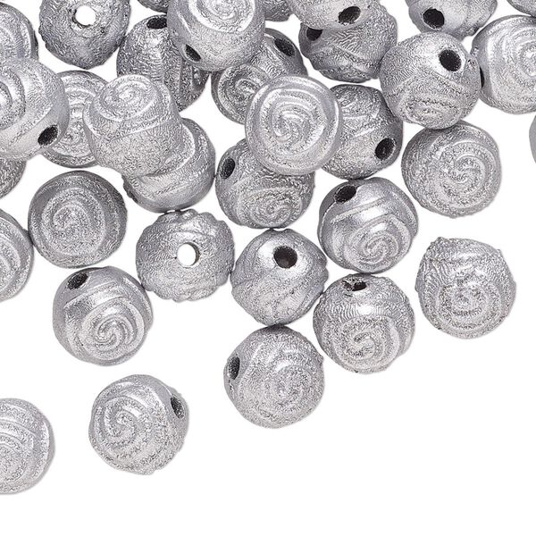 Bead, acrylic, opaque silver, 8mm round rose. Sold per pkg of 100. image number 0
