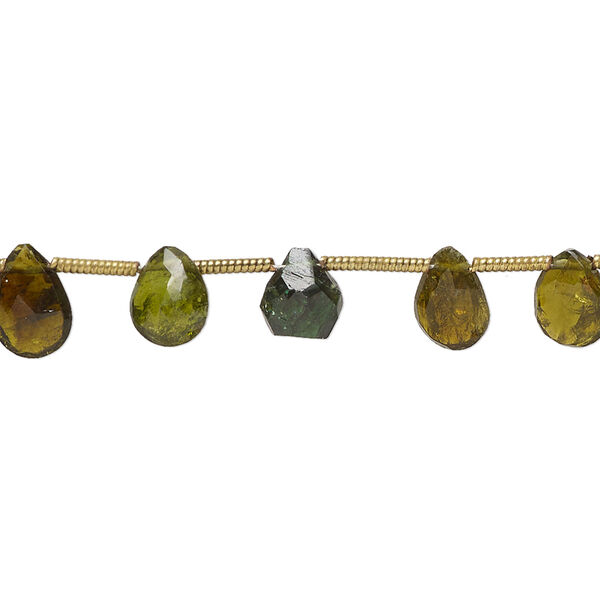 Green tourmaline 1pkg21, hand-cut top-drilled faceted puffed teardrop bead natural 6x5mm-9x7mm image number 0
