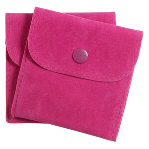 Pouch, velveteen and plastic, pink, 3-inch square with snap closure. Sold per pkg of 2.