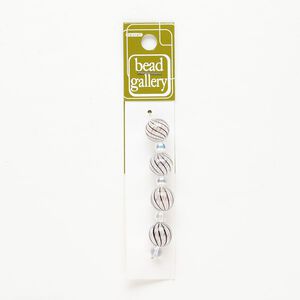 Bead 1pkg4 handblown glass, 11-13mm round / line design, translucent clear / black / white