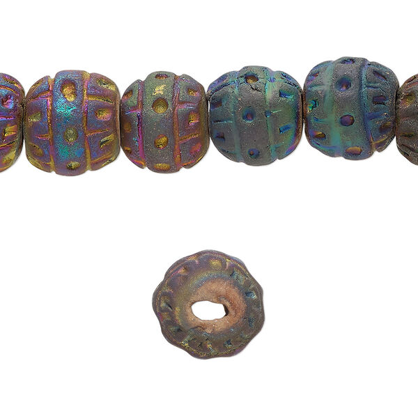 Bead, pressed clay, rainbow, 9-12mm handmade textured round. Sold per 16-inch strand, approximately 40 beads. image number 0