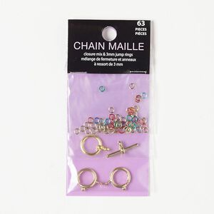 Clasp and jump ring, gold-finished "pewter" (zinc-based alloy), multicolored, 3mm round / 12mm round toggle / 12mm springring, 22 gauge. Sold per pkg of 63.