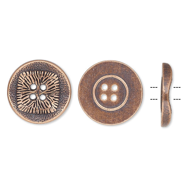 Button, antiqued copper-finished "pewter" (zinc-based alloy), 21mm single-sided wavy flat round with textured square design. Sold per pkg of 20. image number 0