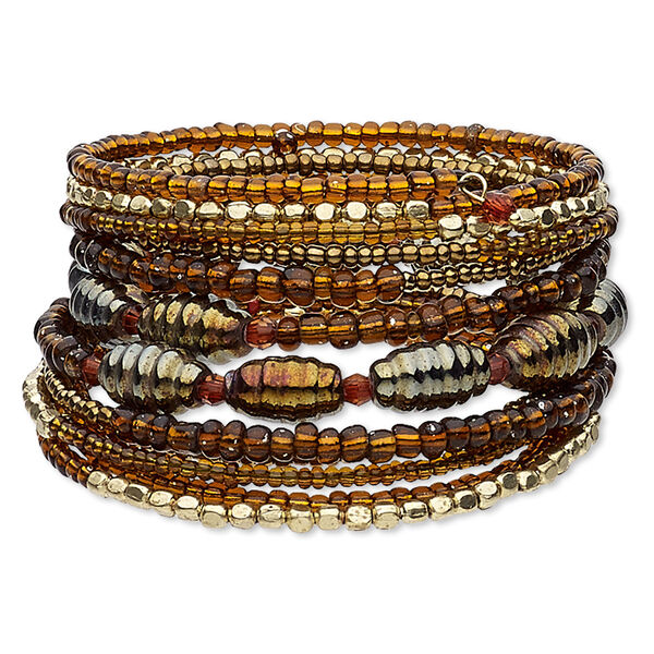 Bracelet, glass / gold-finished steel / gunmetal-plated steel memory wire, multicolored, 40mm wide, adjustable from 6-1/2 to 7 inches. Sold individually. image number 0