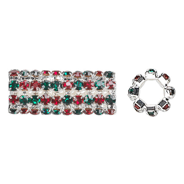 Bead, glass rhinestone and silver-finished brass, ruby red and emerald green, 32x13mm cylinder with 3mm chatons, 7.5mm hole. Sold individually. image number 0
