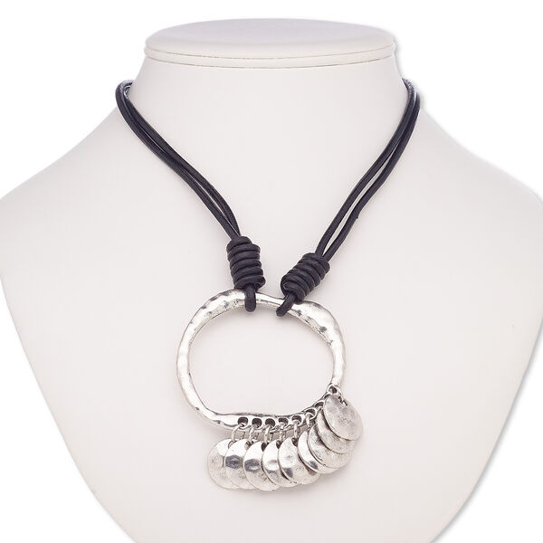 Necklace, 2-strand, leather (dyed) / antique silver-coated plastic / antique silver-plated brass / steel / "pewter" (zinc-based alloy), black, 2-3/4 inch hammered oval donut, 30 inches with 2-inch extender chain and lobster claw clasp. Sold individually. image number 0