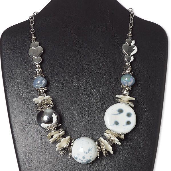 Necklace, porcelain / plastic / silver-coated plastic / silver-plated steel / brass, blue and white, 23 inches with 2-inch extender chain and lobster claw clasp. Sold individually. image number 0
