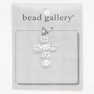 Pendant brass cubic zirconia 1pk 32x24mm cross, silver finish clear