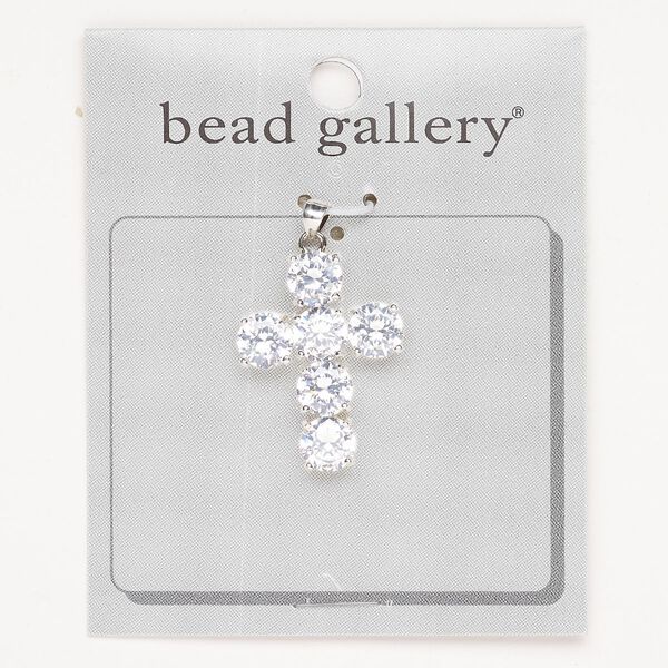 Pendant brass cubic zirconia 1pk 32x24mm cross, silver finish clear image number 0