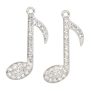 Charm, antique silver-finished "pewter" (zinc-based alloy) and glass, clear, 32x22mm musical note. Sold per pkg of 2.