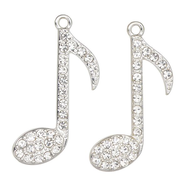 Charm, antique silver-finished "pewter" (zinc-based alloy) and glass, clear, 32x22mm musical note. Sold per pkg of 2. image number 0