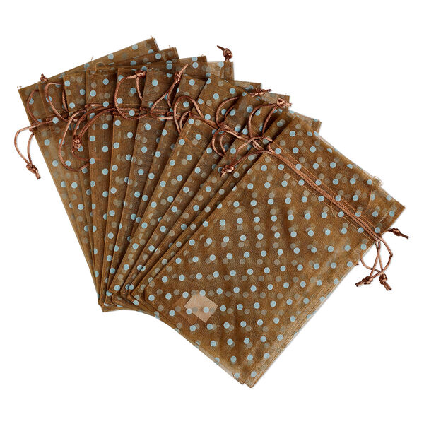Pouch, flocked organza, brown and robin's egg blue, 10x6 inches with dots pattern and drawstring closure. Sold per pkg of 12. image number 0