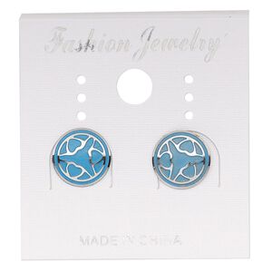 Earstud, stainless steel, blue patina, 10mm round with heart design. Sold per pair.