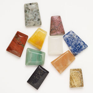 Multi-gemstone 1pkg10, half-drilled puffed / flat trapezoid drop mix 26x23mm-35x27mm