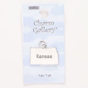 Charm, steel and enamel, pkg/1, silver finish and black, 24x15mm with "Kansas."