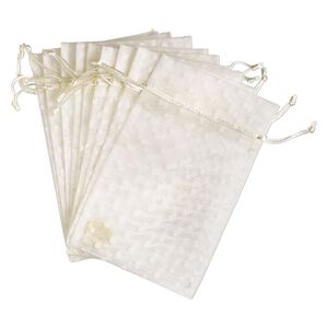 Pouch, flocked organza, ivory, 10x6 inches with dots pattern and drawstring closure. Sold per pkg of 12.