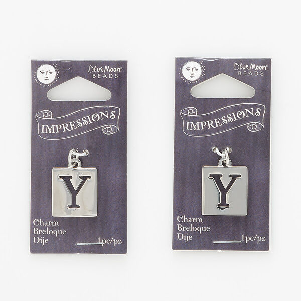 Drop, silver-finished "pewter" (zinc-based alloy) and steel, 16x15mm flat square with cutout letter "Y." Sold per pkg of 2. image number 0
