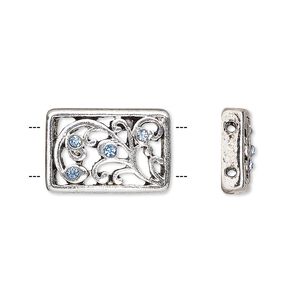Spacer, glass rhinestone and antique silver-finished "pewter" (zinc-based alloy), light blue, 18x12mm single-sided 2-strand curved rectangle with swirl design, fits up to 6mm bead. Sold per pkg of 3.