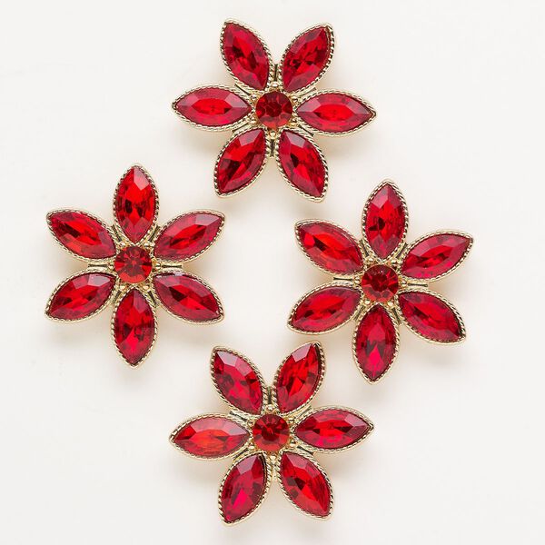 Spacer, gold-finished "pewter" (zinc-based alloy) and glass, red, 34mm faceted flower with 4 loops, fits up to 13mm beads. Sold per pkg of 4. image number 0