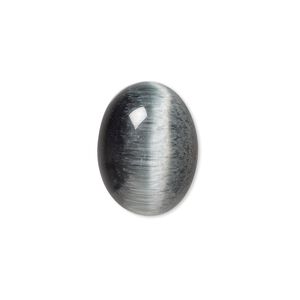 Cabochon, cat's eye glass (fiber optic glass), black, 20x15mm calibrated oval, quality grade. Sold per pkg of 4.
