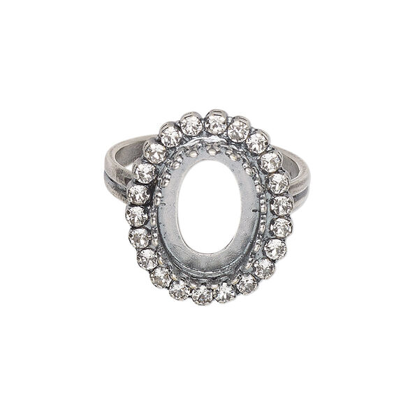Ring, JBB Findings and crystals, antique silver-plated brass, crystal clear, 20mm wide with 14x10mm oval bezel setting, adjustable from size 7.5-11. Sold individually. image number 0