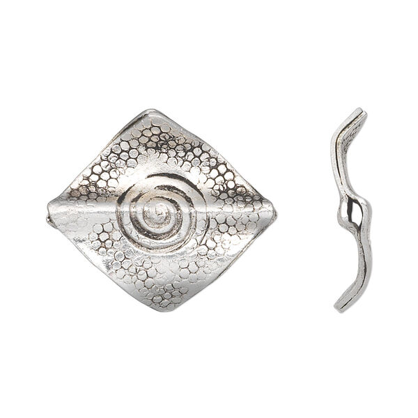 Bead, Hill Tribes, antique silver-plated copper, 24x22mm textured flat curved diamond with swirl design. Sold individually. image number 0