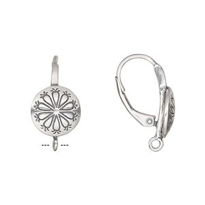 Ear wire, antiqued sterling silver, 22mm leverback with 11mm round and flower design with closed loop. Sold per pair.