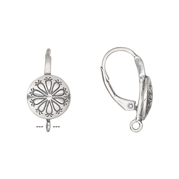 Ear wire, antiqued sterling silver, 22mm leverback with 11mm round and flower design with closed loop. Sold per pair. image number 0