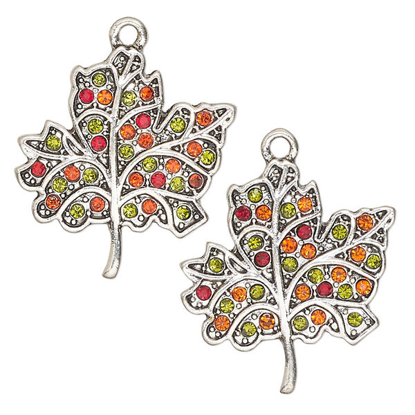 Charm, antique silver-finished "pewter" (zinc-based alloy) and glass, red  /orange / green, 25mm single-sided autumn leaf. Sold per pkg of 2. image number 0