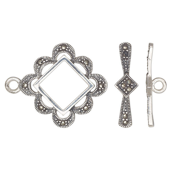 Clasp, toggle, marcasite (natural) and sterling silver, 24x23mm fancy diamond. Sold individually. image number 0