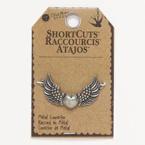 Focal, gunmetal-finished "pewter" (zinc-based alloy) and brass, 40x24mm domed heart with wings and 2 loops. Sold individually.