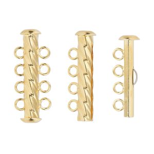 Clasp slide lock 1pkg4 gold-plated, 26x6mm corrugated round tube, brass 4-strand