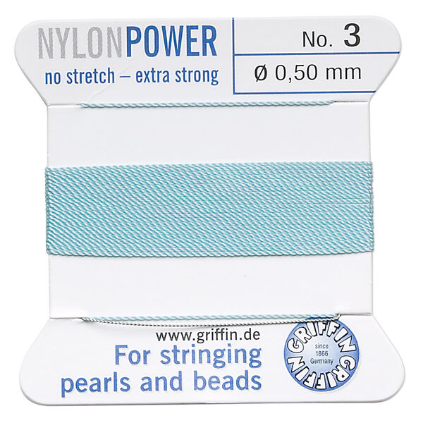 Thread, Griffin, nylon, turquoise blue, size #3. Sold per 2-meter card (approximately 78 inches). image number 0