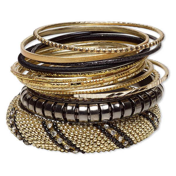 Bracelet, bangle, resin / glass rhinestone / polyester / gold-finished aluminum / gunmetal-finished steel, assorted colors with glitter, 2.5-17mm wide, 8 inches. Sold per 13-piece set. image number 0