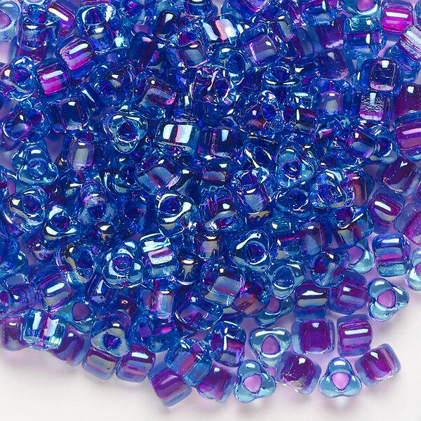 Seed bead, Miyuki, glass, transparent blue color-lined purple, (TR1141), #5 triangle. Sold per 250-gram pkg. image number 0