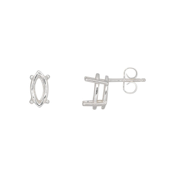 Earstud, Sure-Set™, sterling silver, 10x5mm with 4-prong marquise basket setting. Sold per pair. image number 0