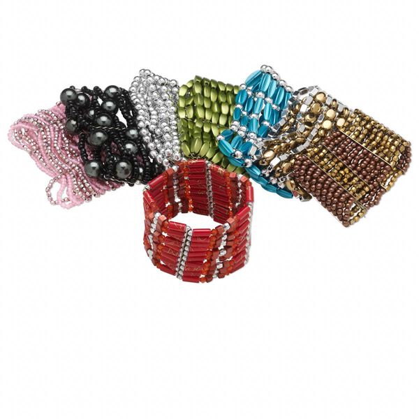 Bracelet mix, stretch, acrylic and glass, mixed colors, mixed size and shape, 6-1/2 inches. Sold per pkg of 8. image number 0