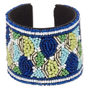 Bracelet, cuff, cotton / glass / steel, multicolored, 52mm wide with mosaic design, 7-1/2 inches. Sold individually.