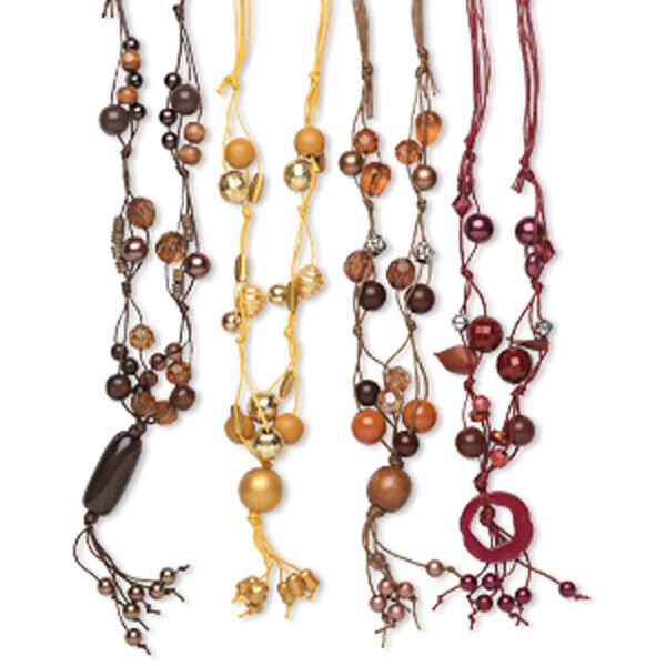 Necklace mix, acrylic / resin / wood / waxed cotton cord, mixed colors and shapes, 14 to 22 inches with adjustable knot closure. Sold per pkg of 4. image number 0
