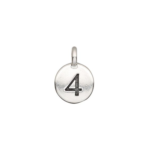 Drop, TierraCast®, antique silver-plated pewter (tin-based alloy), 11.5mm single-sided round with textured number "4." Sold per pkg of 2. image number 0