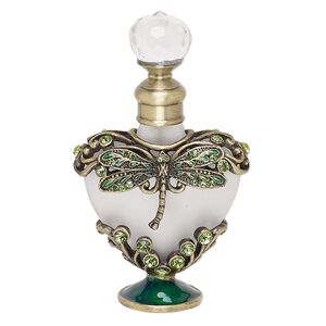 Perfume bottle, glass / frosted glass / enamel / antique brass-finished "pewter" (zinc-based alloy), green and dark green, 3-1/2 x 2 inches with dragonfly, metal dauber and threaded stopper. Sold individually.