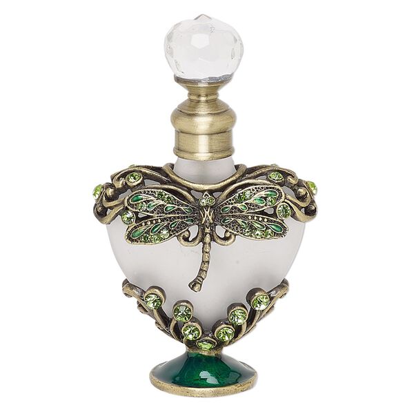 Perfume bottle, glass / frosted glass / enamel / antique brass-finished "pewter" (zinc-based alloy), green and dark green, 3-1/2 x 2 inches with dragonfly, metal dauber and threaded stopper. Sold individually. image number 0