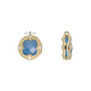 Drop, chalcedony (dyed) / cubic zirconia / gold-finished sterling silver, clear and blue, 12mm two-sided faceted round. Sold individually.