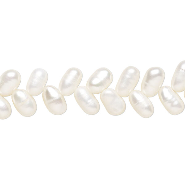 Pearl, cultured freshwater, white, 7x5mm herringbone-drilled rice with 0.4mm hole, C grade, Mohs hardness 2-1/2 to 4. Sold per 15-inch strand. image number 0