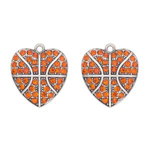 Charm, antique silver-finished "pewter" (zinc-based alloy) and glass, orange, 23x22mm single-sided heart with "basketball pattern". Sold per pkg of 2.