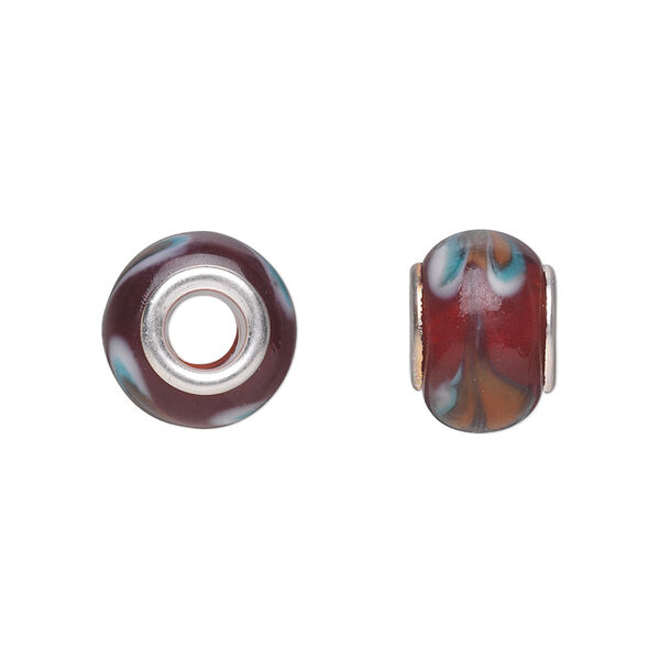 Bead, Dione®, lampworked glass with silver-plated steel grommets, dark red with swirls, 14x10mm rondelle with 4.5-5mm hole. Sold per pkg of 6. image number 0